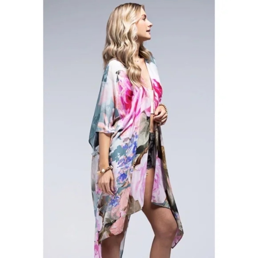 Rose Floral Printed Monet Spring Summer Open Style Kimono Wrap Coverup Top - Picture 3 of 5